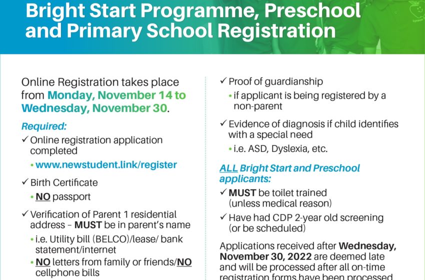  2023 – 2024 Registration for the Bermuda Public School System Bright Start Programme, Preschool and Primary School