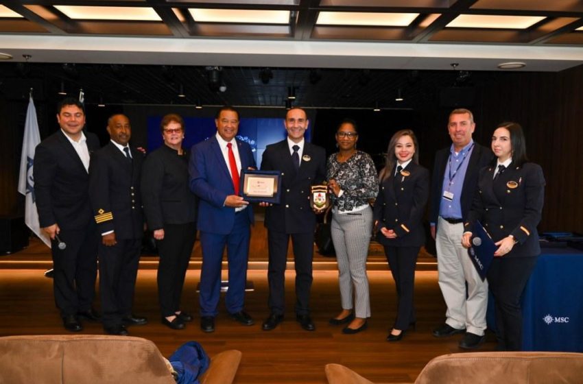  Transport Minister Wayne Furbert led a small Bermuda delegation on board the MSC Seascape to welcome Captain Francesco Di Palma