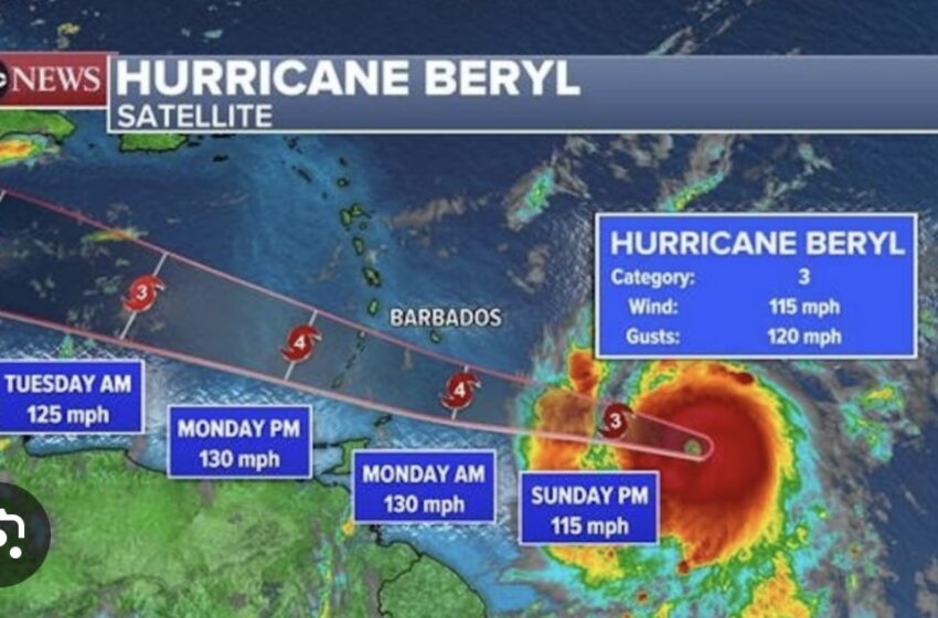  Hurricane Beryl nears Caribbean as life-threatening Category 3 storm